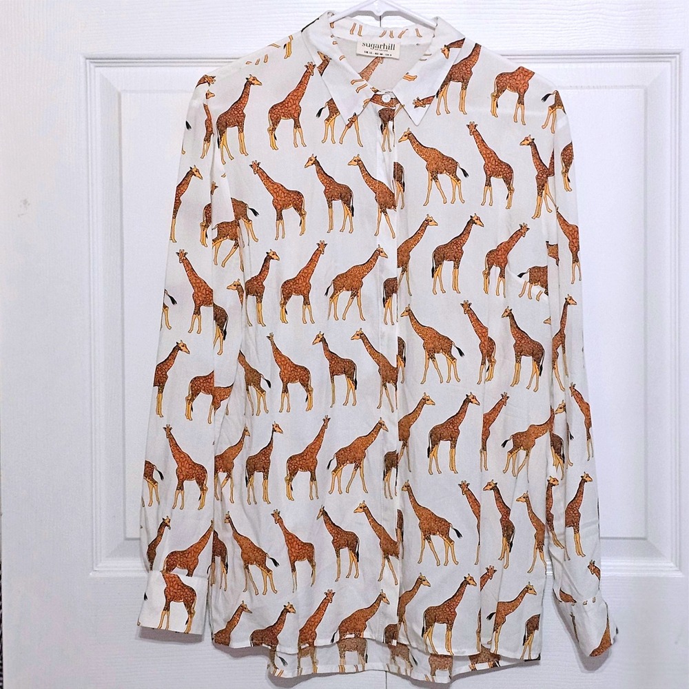 Sugarhill Brighton Cute Giraffe Print White Blouse Button Up Shirt 8 Office‎ Fun